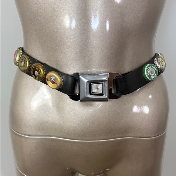 Accessories - Vintage Black Beer Bottle Cap Accent Belt with Silver Buckle